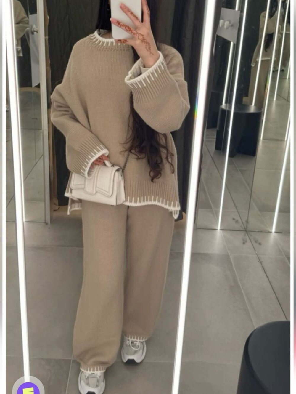 Crewneck Sweater Taupe with White Trim Set